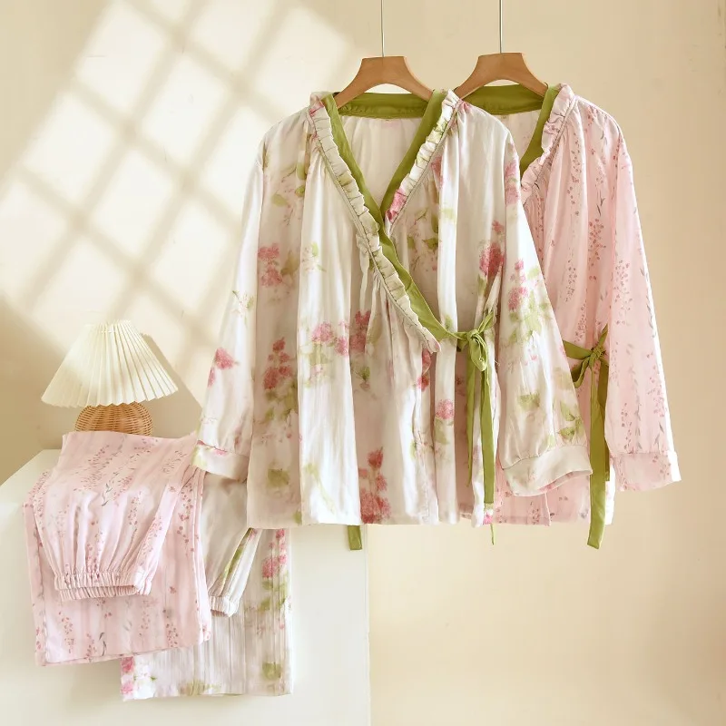 2026 New Spring And Autumn Women's Kimono Set 100% Cotton Gauze Chinese Style Cardigan Long Sleeve Loose Simple Pajama Set