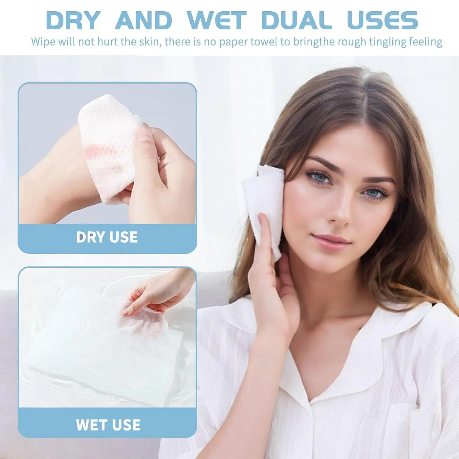 Cotton Facial Dry Wipes 100 Count, Disposable Face Towel for Cleansing, Makeup Removal, Baby Care, and House Cleaning