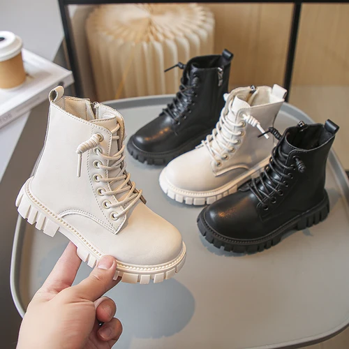 어린이 플랫폼 앵클 부츠, 용수철 가을 소녀 캐주얼 블랙 가죽 부츠, 미끄럼 방지 어린이 학교 두꺼운 바닥 부츠, 패션 