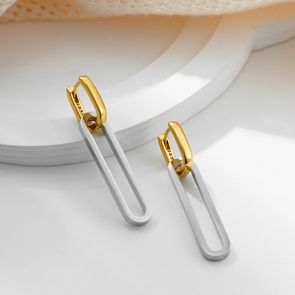 Fashion Gold Silver Color Double Loop Design Square Long Hoop Earrings Removable Punk Hip Hop Round Huggie Jewelry for Women