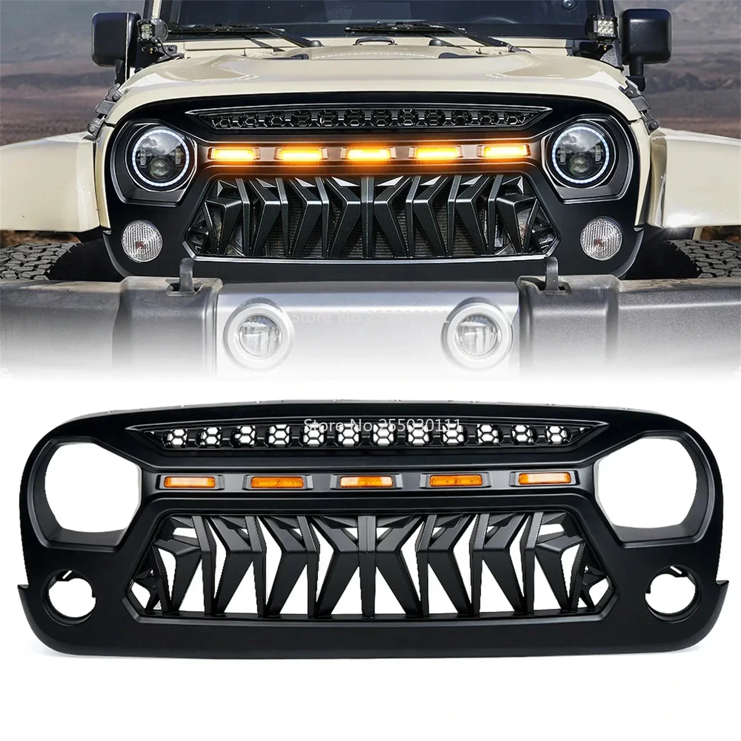 J394 Front Grill With Light LED Black ABS Racing Grills Bumper Grid Black Mask Cover For Jeep Wrangler JK 07-17