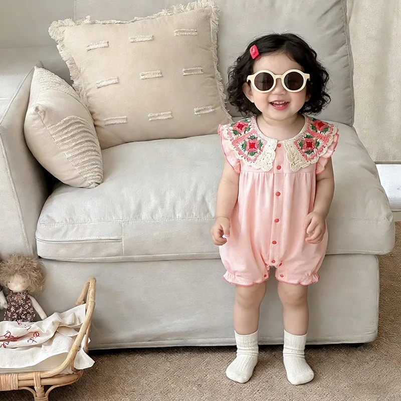 新生児ロンパースかわいい漫画ノースリーブフリル花柄かぎ針編み襟ジャンプスーツ綿ワンピース衣装幼児ベビー服