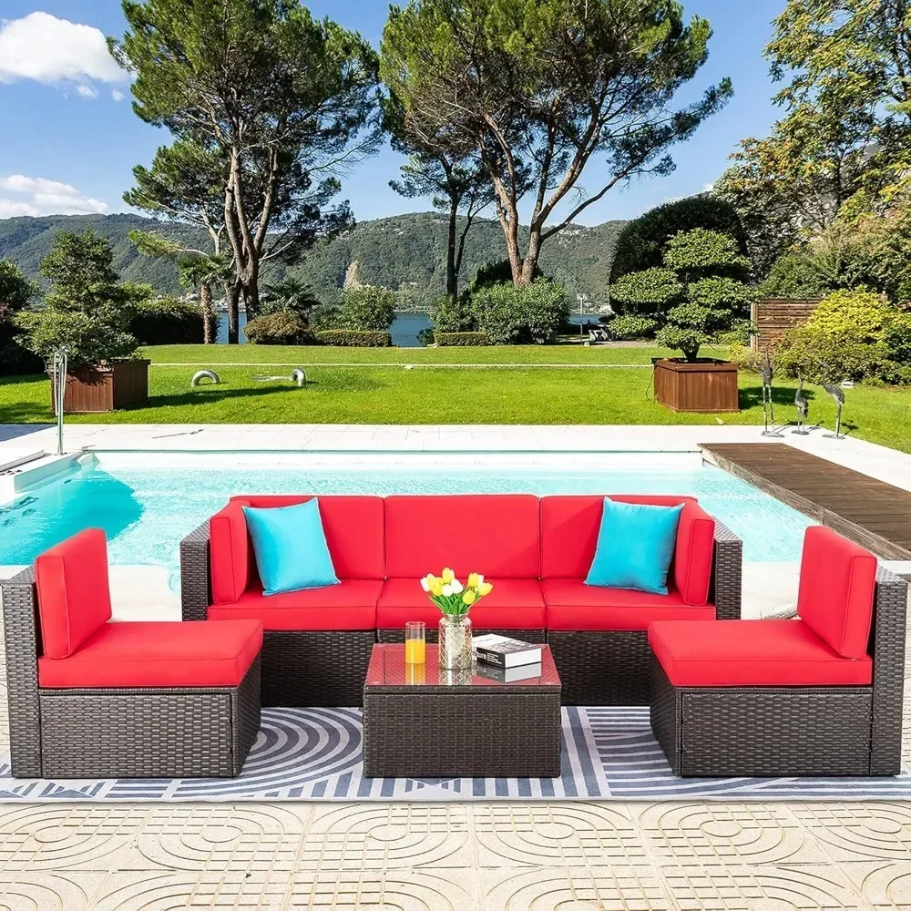 

6 Piece Outdoor Sectional Sofa All Weather PE Wicker Patio Sofa Couch Garden Backyard Conversation Set with Glass Table