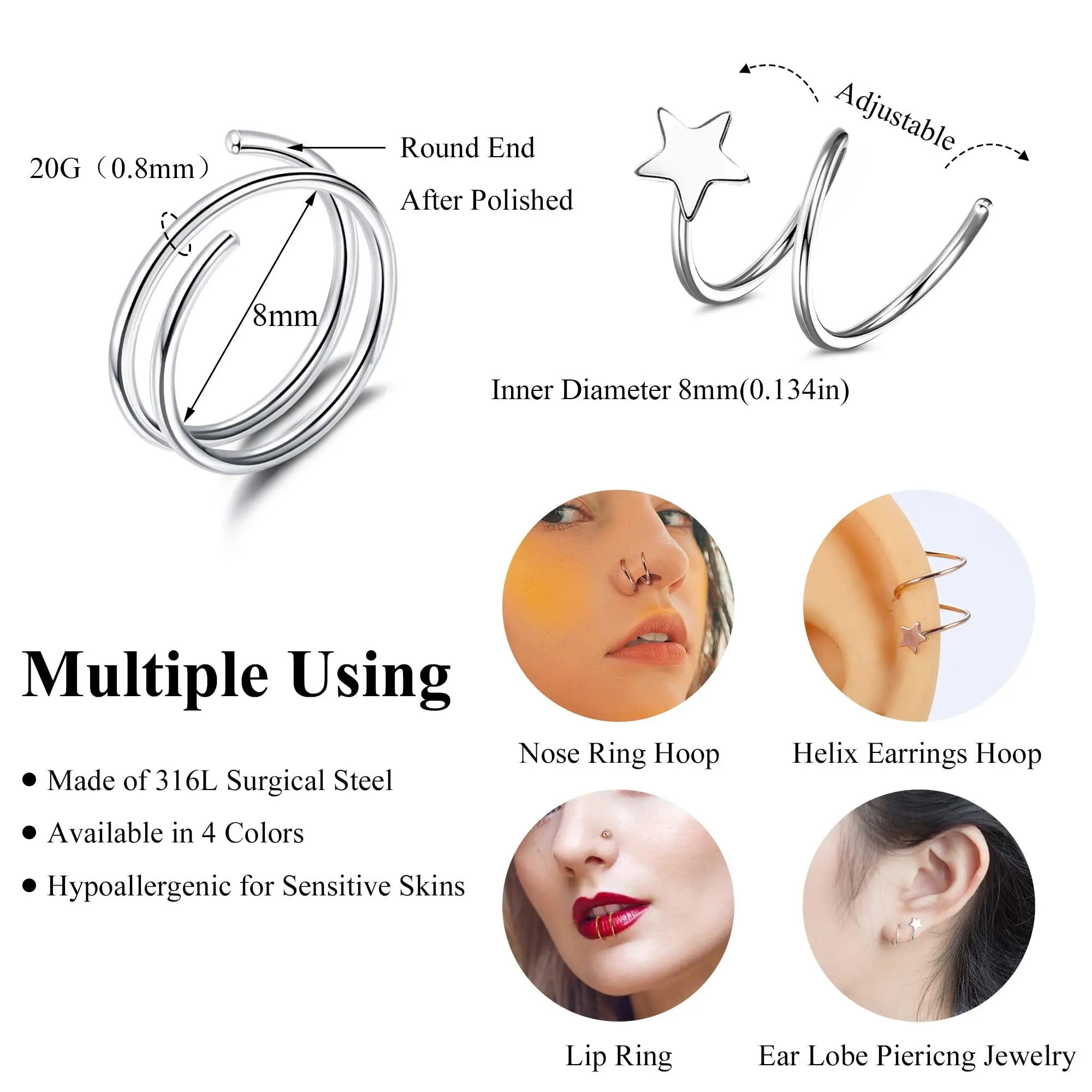 1-20Pcs 20G Double Hoop Nose Ring L Shaped Studs 316L Stainless Steel Piercing Jewelry Small Spiral Rings Silvery RoseGold Balck