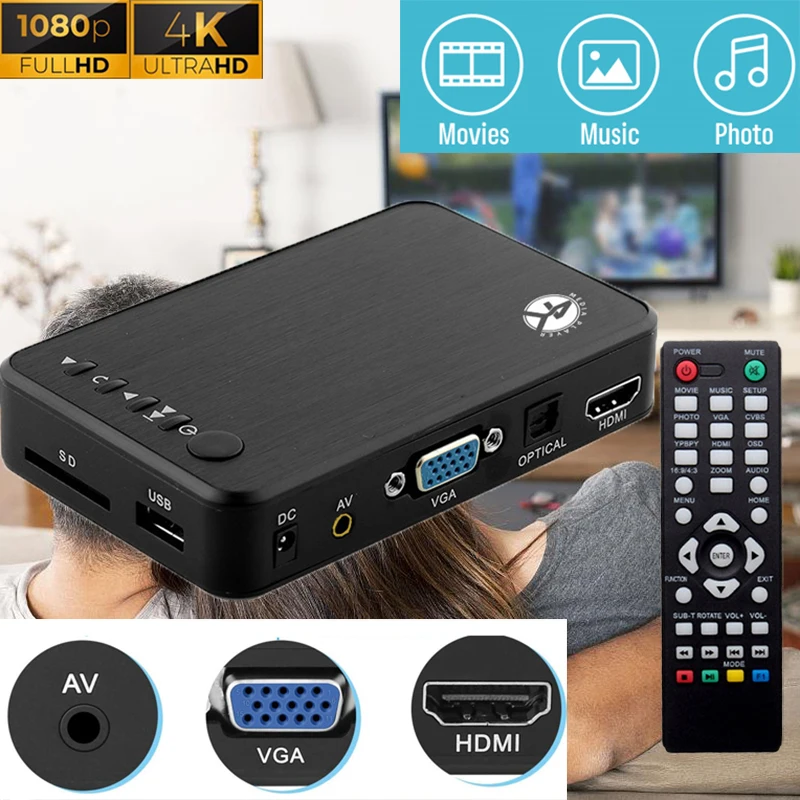 Мультимедийный плеер Ultra HD, 4K видеоплеер 1080P H.264 AV/HDMI/VGA выход, USB HDD плеер для вещания/рекламы/выставки