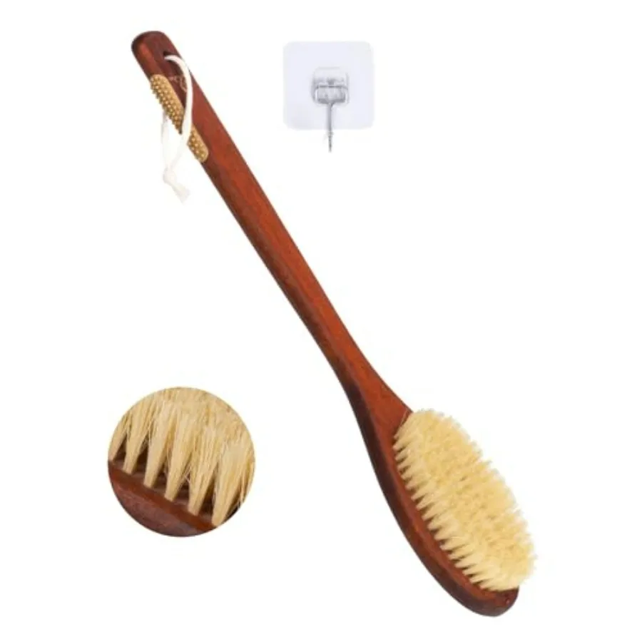 Wooden Bath Brush with Stiff Sisal Bristles Long Handle for Shower Back Scrubber Body Exfoliator, with Hook for Hanging Stiff S