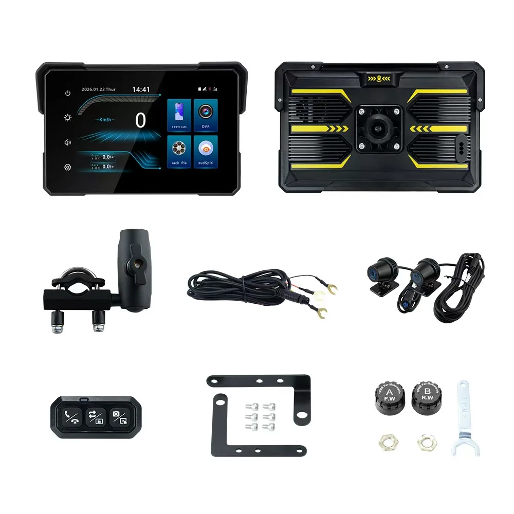 Linux 7Inch Screen Motorcycle Carplay GPS Navigation Wireless Apple Carplay Android Auto 4G remote live streaming+TPMS+HD-DVR
