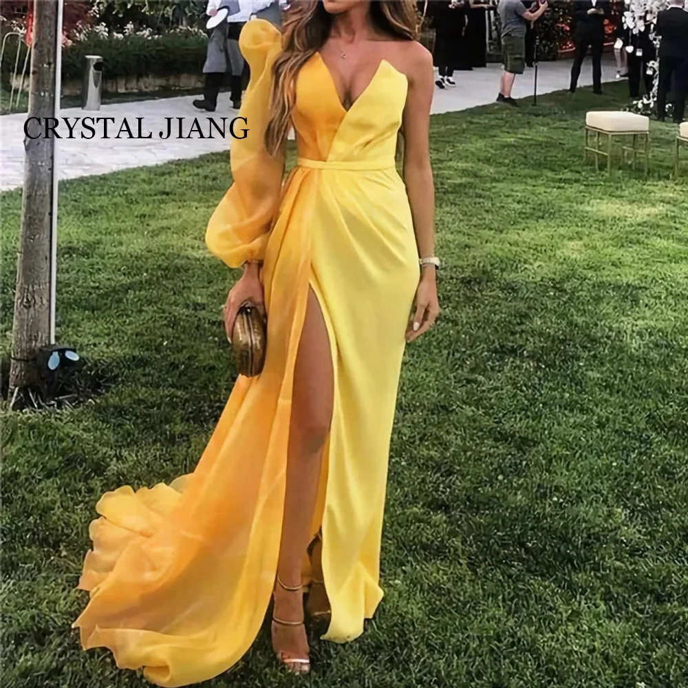 

Sexy Long Yellow One Shoulder Tulle Evening Dresses Full Sleeves with Slit A Line Sweep Train Vestidos De Noche