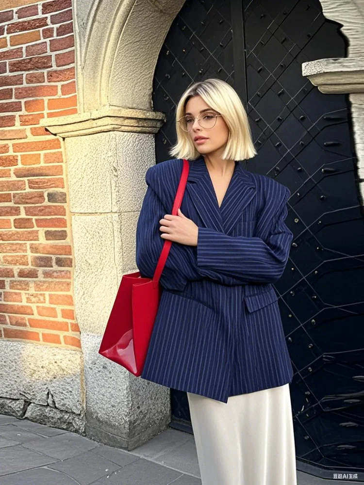 

Stripe Women Blazers Coat Pockets Single Breasted Blazer Vintage Lapel Long Sleeves Coats Jackets Female Chic Streetwear