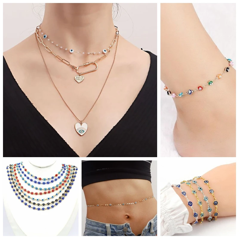 50/100CM Hot Sale Round Devil Eye Beaded Gold Color Chains DIY Warding Off Evil Spirits Bracelets Necklaces Anklet DIY Jewelry
