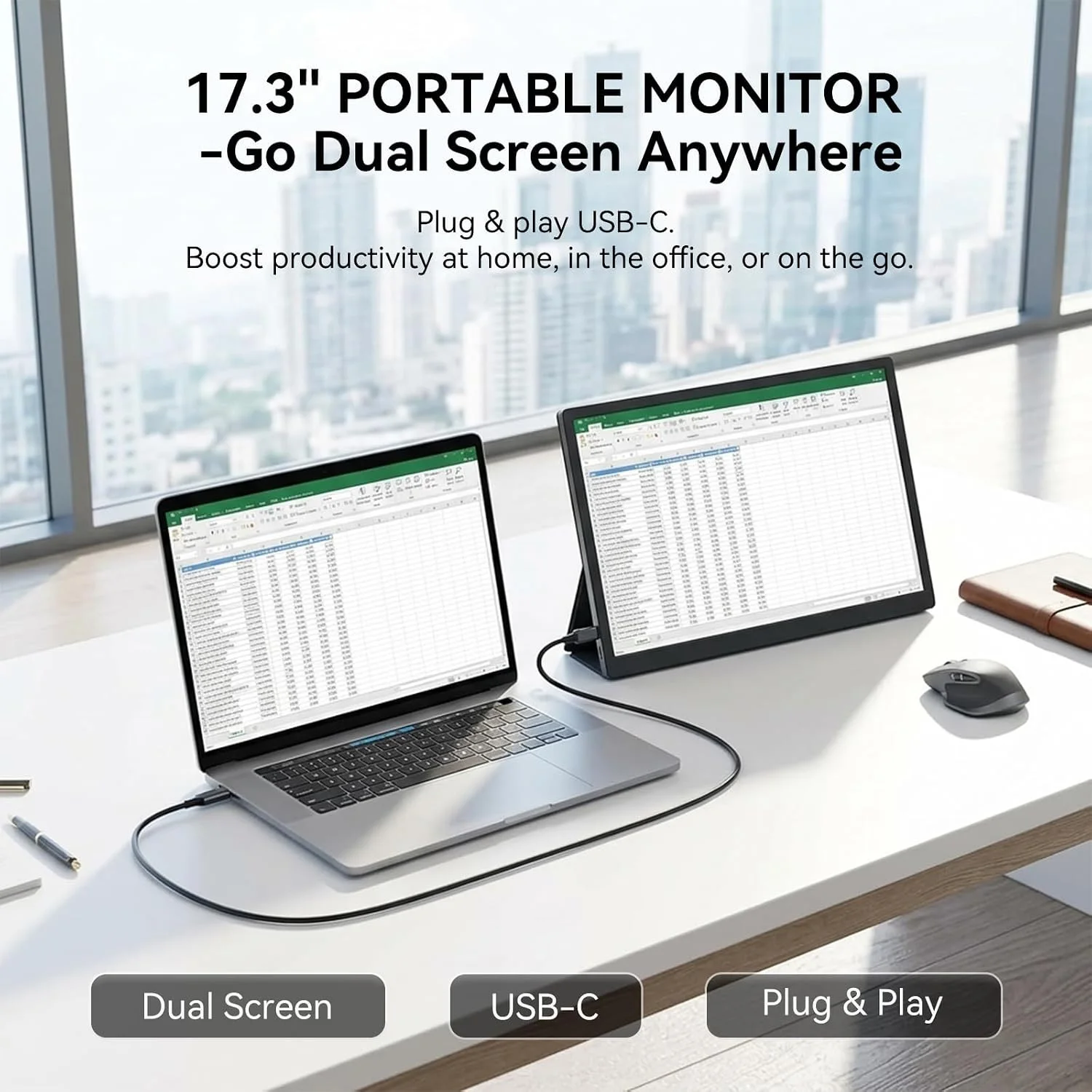 17.3 Inch Portable Monitor 1600×900 HD IPS 72%sRGB  External Second Screen for Laptop PC Phone Switch PS4/5 and Game Consoles