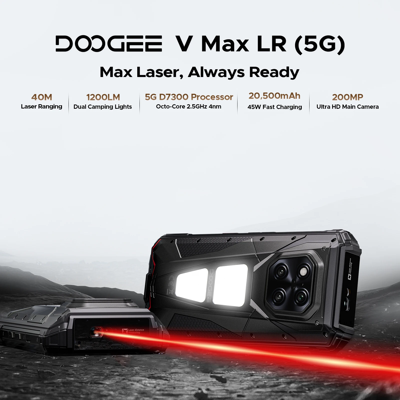 DOOGEE V Max LR 5G هاتف متين ليزر Rangefinder أضواء التخييم المزدوجة 16GB 512GB ROM 6.78 ''عرض 20500mAh بطارية الهاتف الذكي