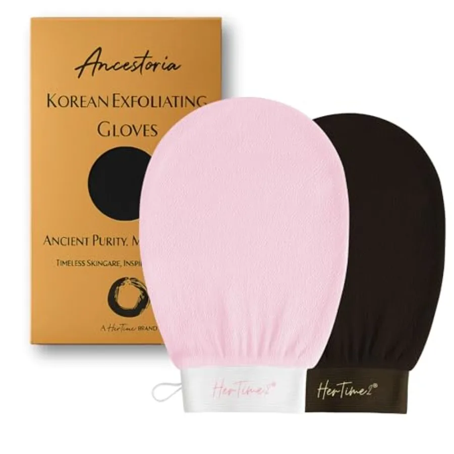 

Ancestoria Korean Exfoliating Gloves for Shower, Pink and Black, 2-Pack, Deep Exfoliating Mitts for Body, Reusable and Chemical