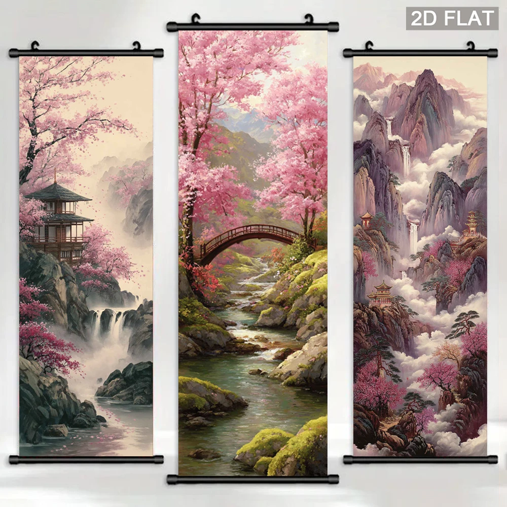 VIKAMA Oriental Cherry Blossom Landscape Scroll Tapestry, Vintage Waterfall and Pavilion Wall Art, Wall-Hung Home Decor