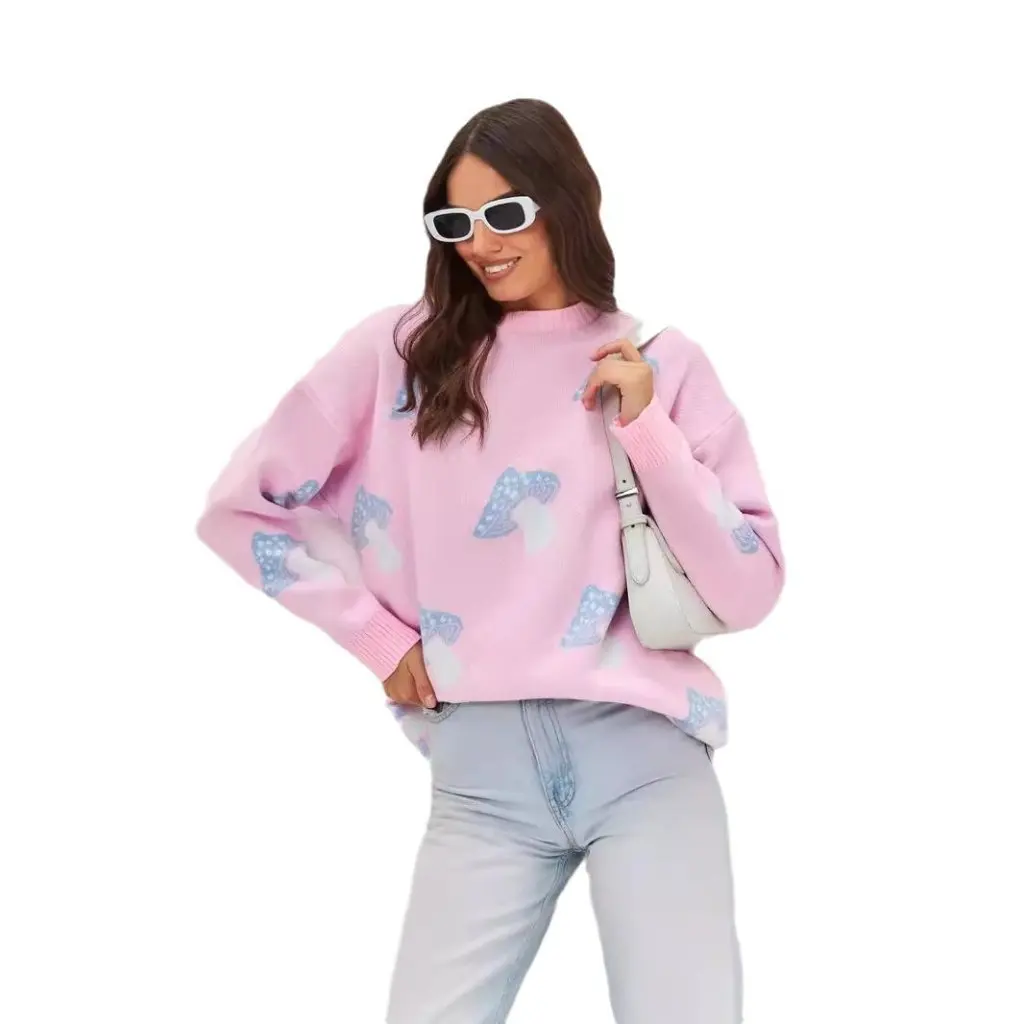 

Европейский и американский женский повседневный свитер с круглым вырезом и длинными рукавами, свободный пуловер грибового цвета для осенне-зимней моды