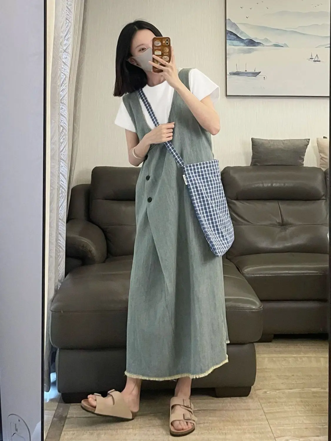 Abito elegante alla moda e versatile, girocollo, t-shirt a maniche corte, gilet, abito in denim