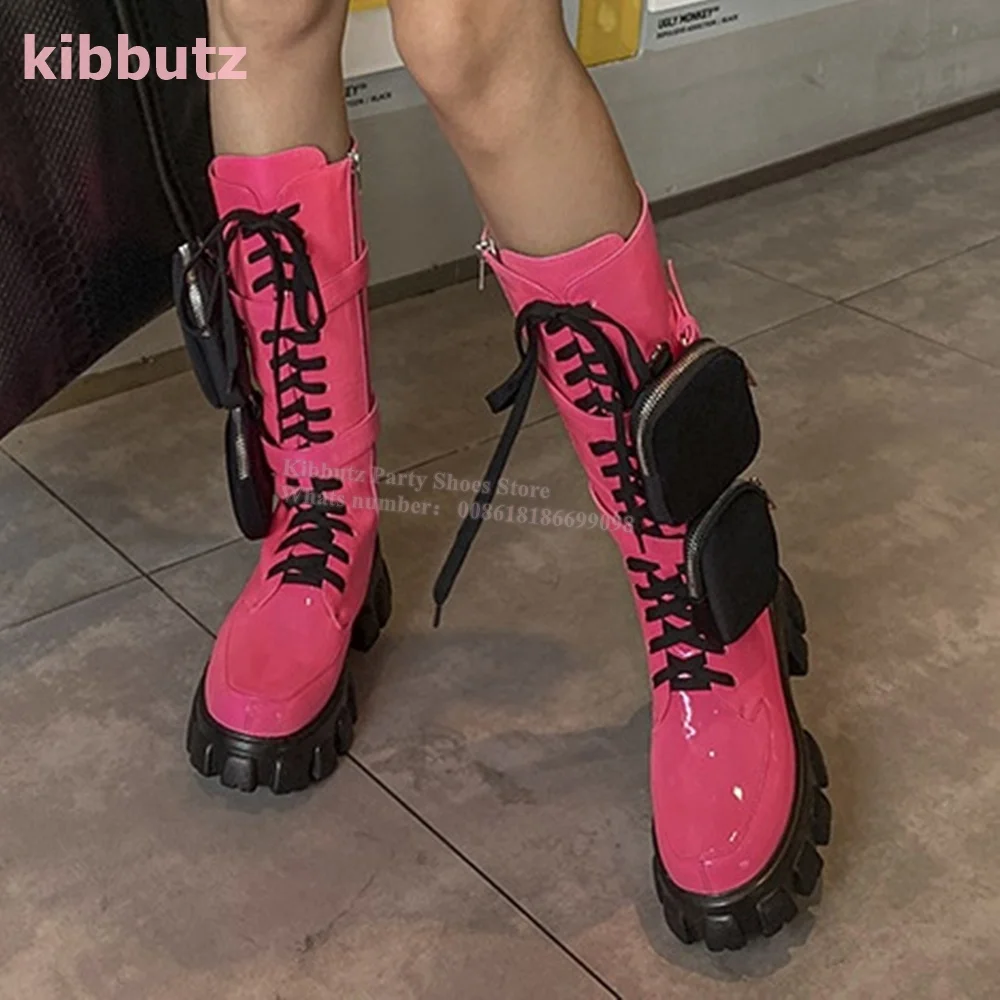 Bags Knight Knee High Boots Platform Round Toe Thick Bottom Lace-Up Side Zipper Patent Leather Novelty Fashion Women Shoes New