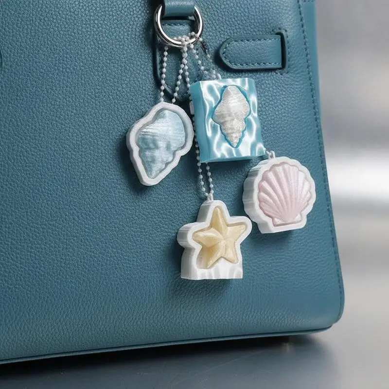 Romantic Beauty Coastal 3D Sea Star Seashell Blue Water Ripple Press Decompress Key Chain Pendant Decoration