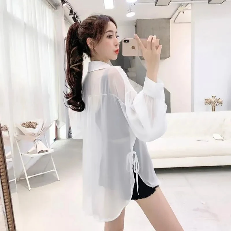 Summer New Outfit Sunscreen Clothing Women Mid-Length Loose Thin Shawl Air-Conditioning Shirt Jacket Chiffon Shirt Female Tops