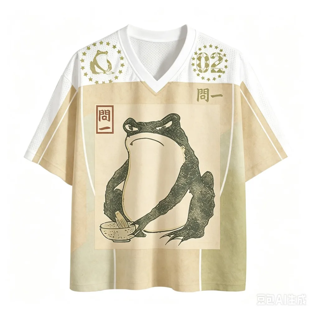 Japanese-style Noodle-eating Frog Sport Quickdry Breath 3D Print Men V-Neck T-Shirt Street Fashion Hip-Hop Parent-child Clothing