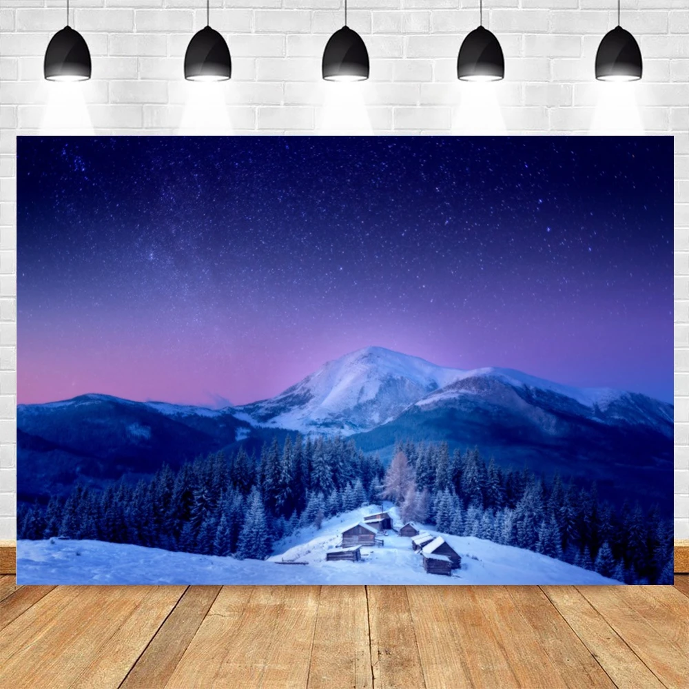 Winter Night Snowflake Photography Backdrops Starry Sky Moon Trees Pine Forest Background Christmas Happy New Year Party Decor