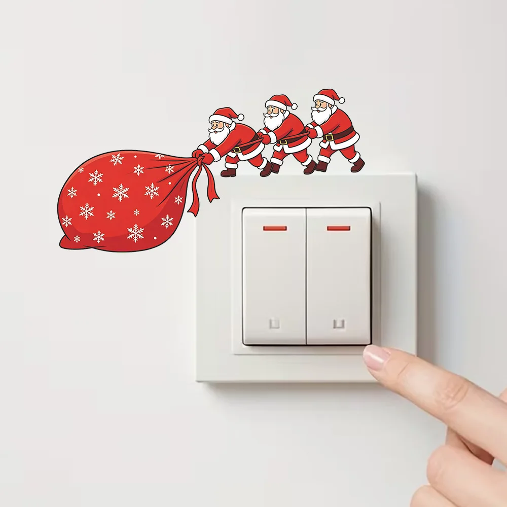 Cartoon Santa Claus with Gift Bag Light Switch Sticker, Home Wall Beautification Decal for Living Room Xmas Festive Ornament