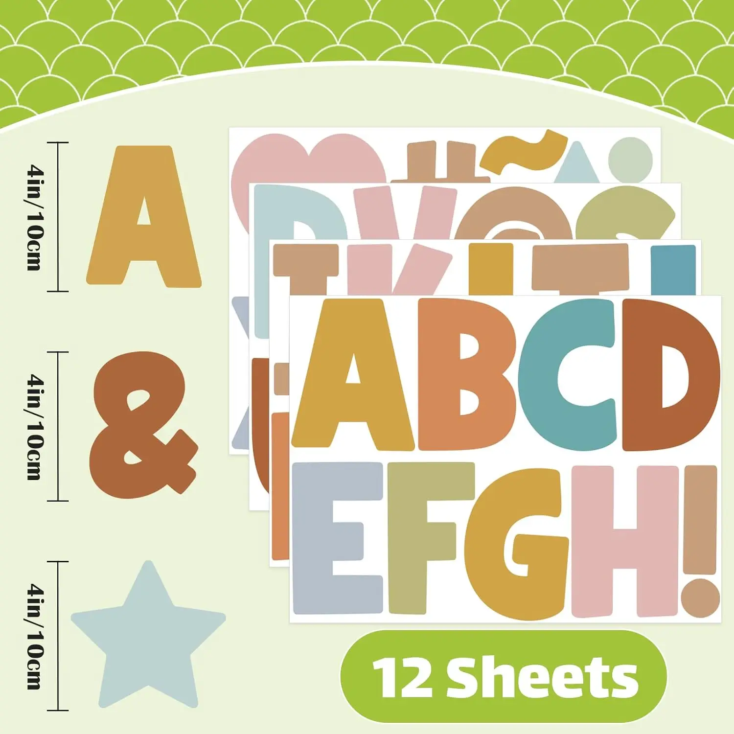108Pcs 4 Inch Morandi Bulletin Board Letter Stickers,12 Sheets Self‑Adhesive Alphabet Stickers for Classroom Decor, Mailbox