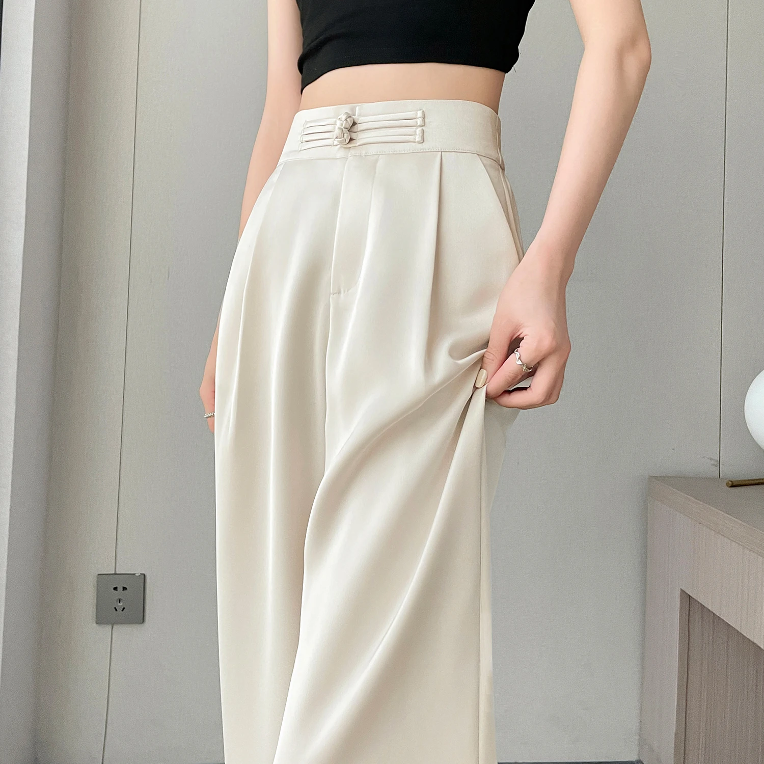 

New Chinese style buckle satin wide leg pants for women's 2024 new summer ice silk high waisted draped suit pants