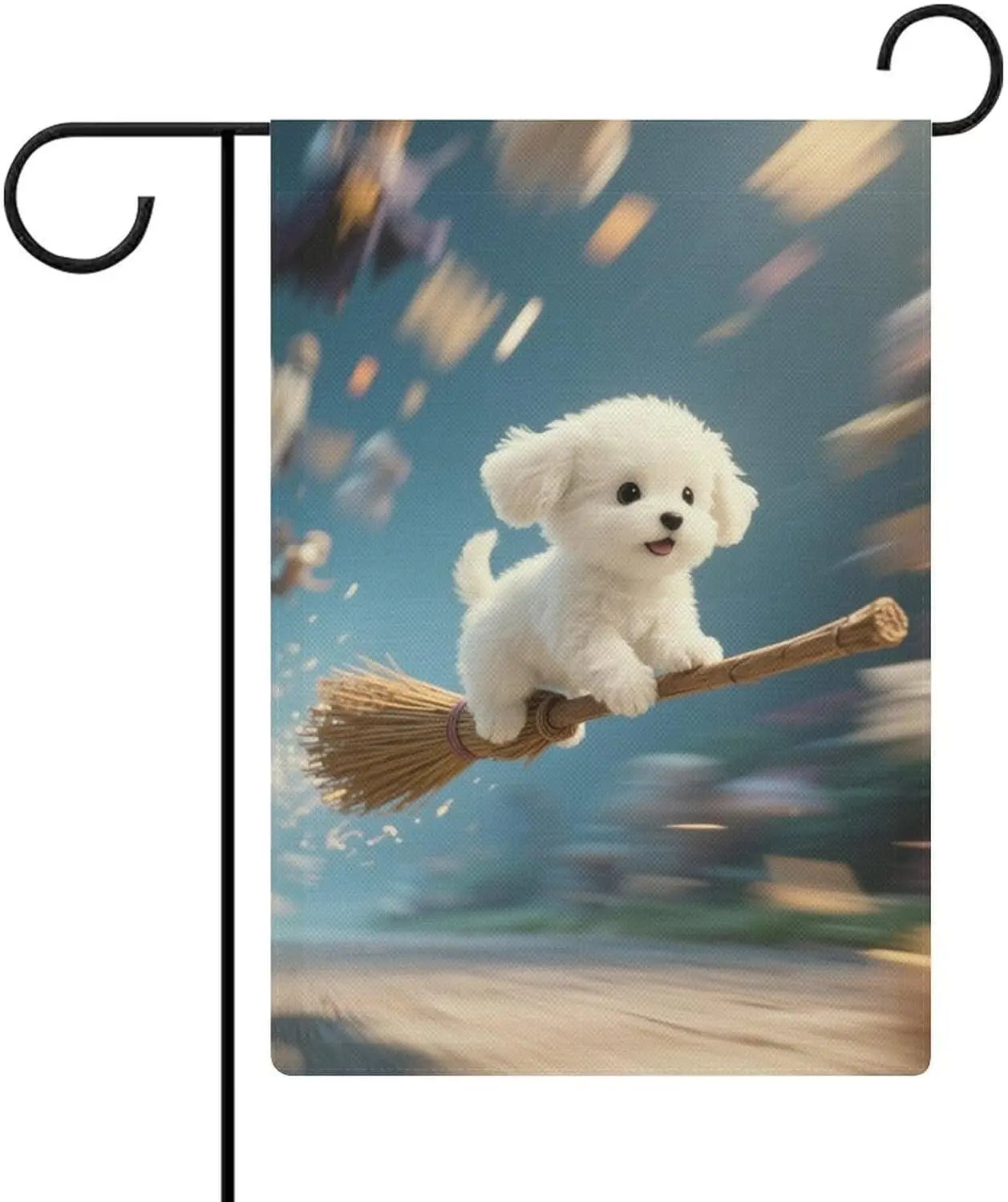 Whimsical White Puppy on Broomstick Garden Flag Double Sided 12 X 18 Inch Yard Flag, Small Flags for Outside Decorations ZZM