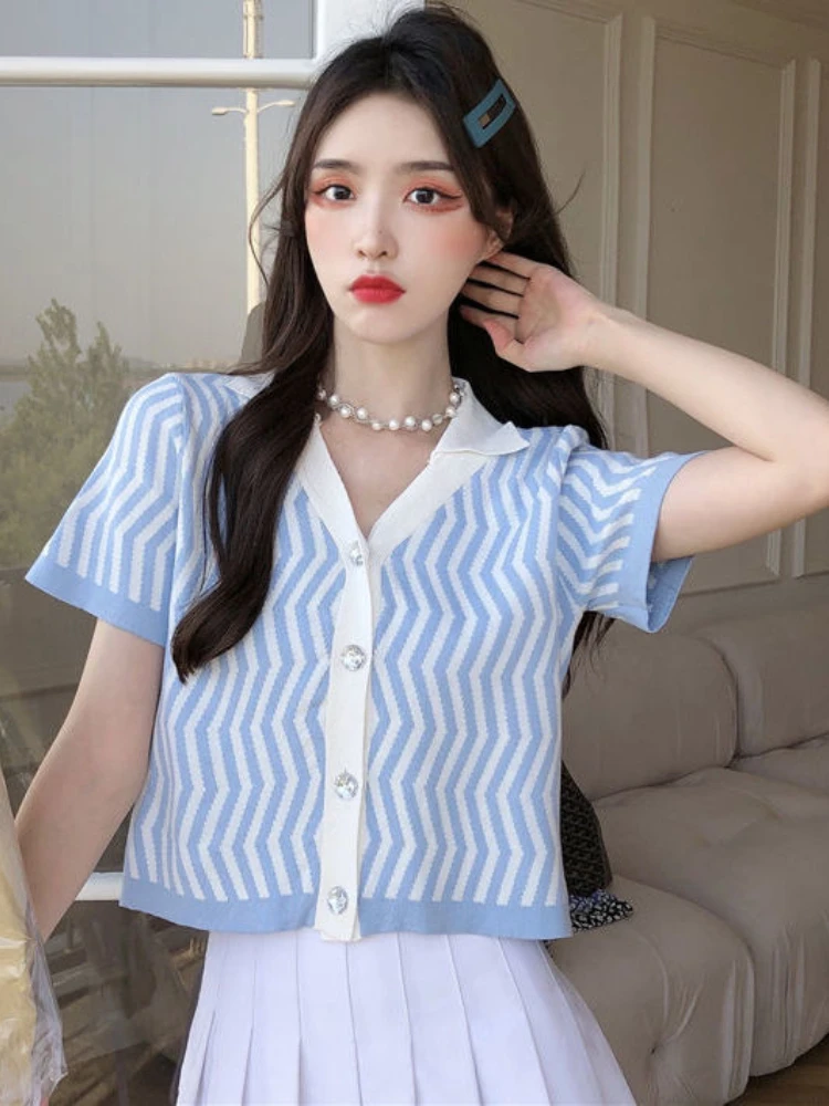 

Blue Striped Short Sleeve Knitted Sweater Women Summer New Design POLO Collar Thin Cardigans Tops Woman