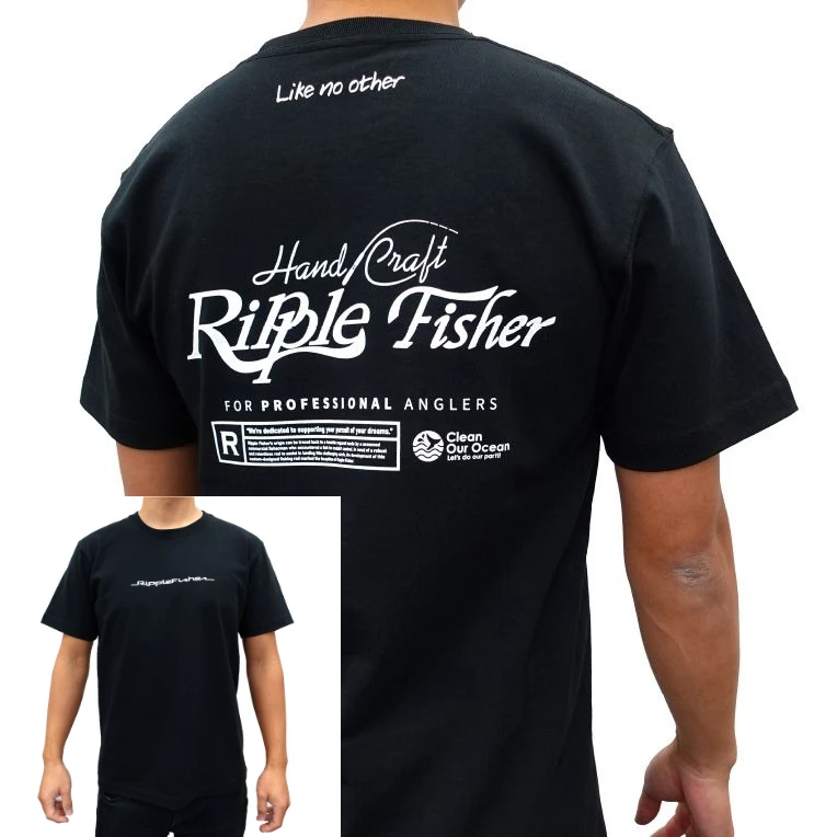

Ripple Fisher Black Tshirt Like No Other Hand Craft Print for Professional Anglers Ocean Conservation Theme Unisex Cotton