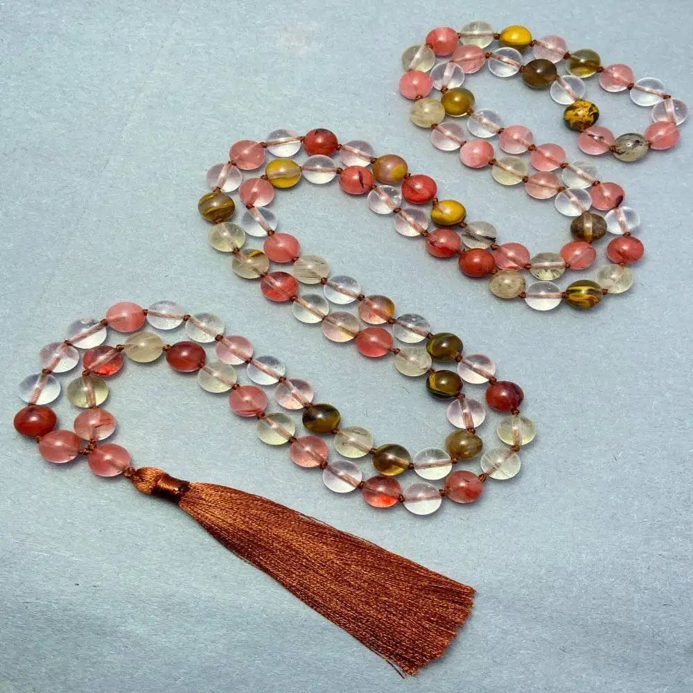

Natural Mixed Quartz 108 Beads Mala Necklace with Brown Tassel Spiritual Meditation Jewelry