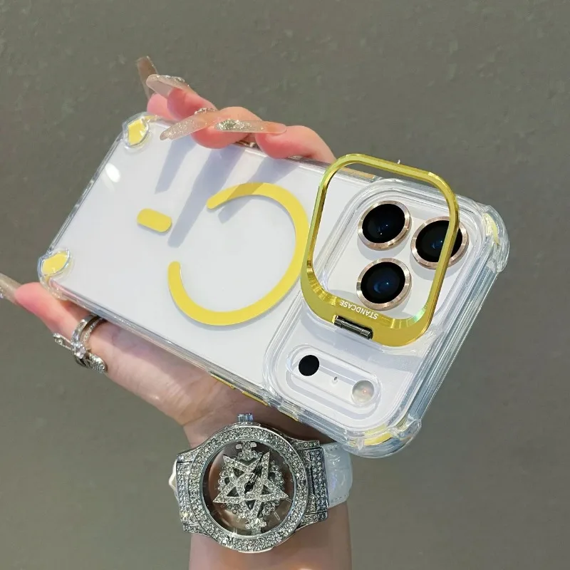 

Противоударный магнитный прозрачный чехол для iPhone 17Air 16 15 14 Plus 13 12 17 Pro Max 11 для Magsafe с металлическим кронштейном для линз