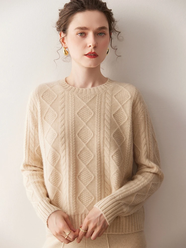 

Casual Loose 100% Cashmere Women's Warm Soft O-Neck Cable Stitch Exquisite Sweater Autumn Winter Solid Elegant Clothing Tops