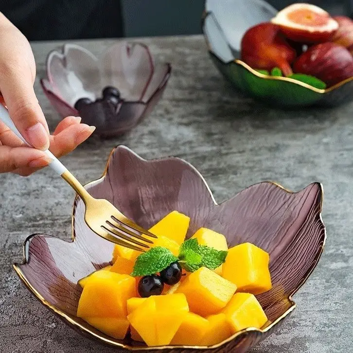 XCX 2PCS Golden-Edged Petal Glass Salad Bowls and Plates Wholesale Home Fruit Plate Creative Dessert Bowls 4
