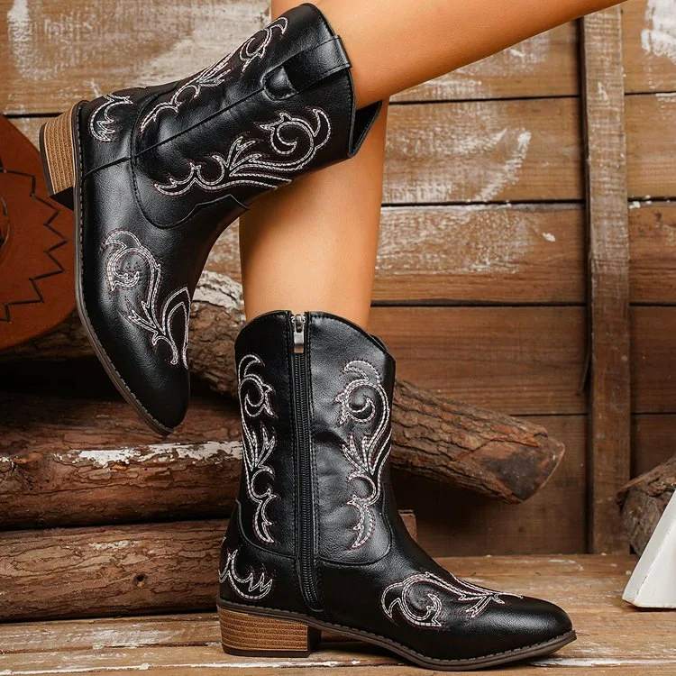 Autumn 2026 Women's Fashion Pointed Toe Embroidered Western Knight Boots Comfortable Coarse Heel Trendy Footwear