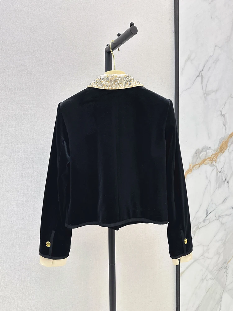 Spring Summer Fashion Black Goose Down Short Style Jacket Women's Gorgeous Complex Craft Diamond Beading Turn-down Collar Jacket