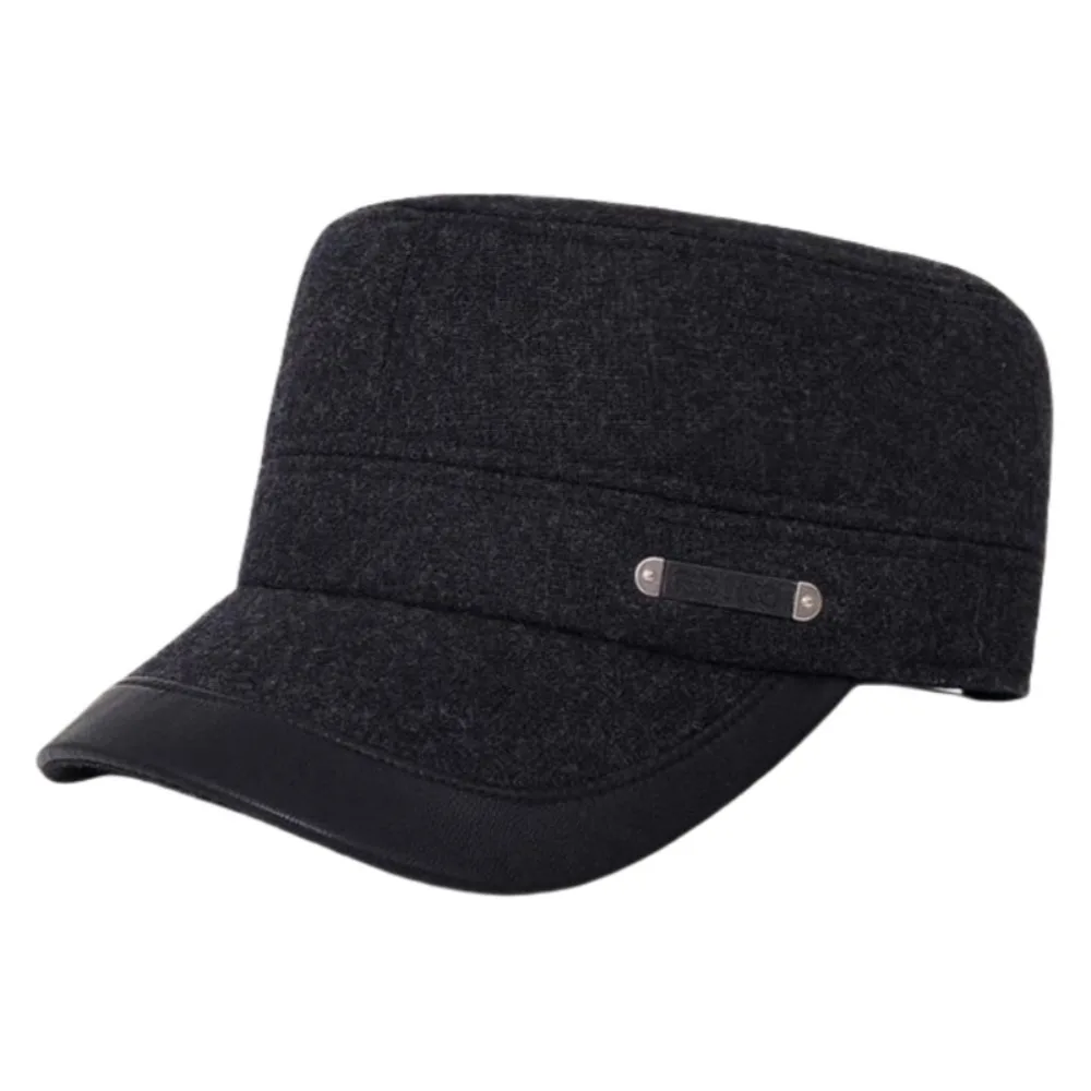 Classic Soft Men Warm Flat Top Hat Leather Brim Thickened Ear Protection Wool Cap Anti-cold Plush Peaked Cap Outdoor