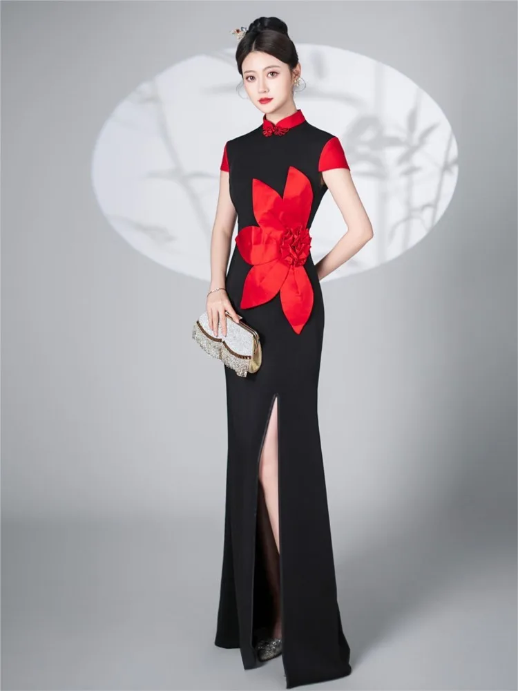 

Elegant fishtail slit Chinese-style banquet long black model catwalk performance dress