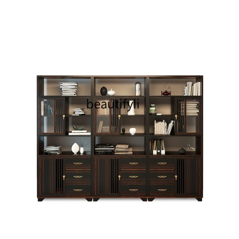New Chinese-style gold silk sandalwood bookcase, all solid wood storage locker, office display cabinet