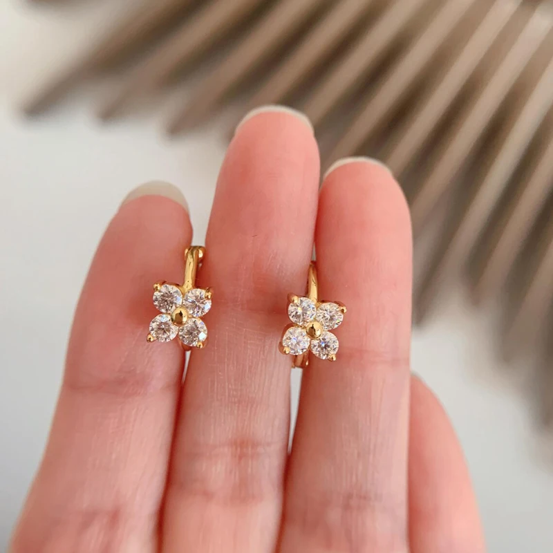 RAPRGOLD 3mm Round Moissanite Floral Hoop Earrings for Women 14K Gold Filled Delicate Four Leaf Clover Jewelry Anniversary Gift - view 2