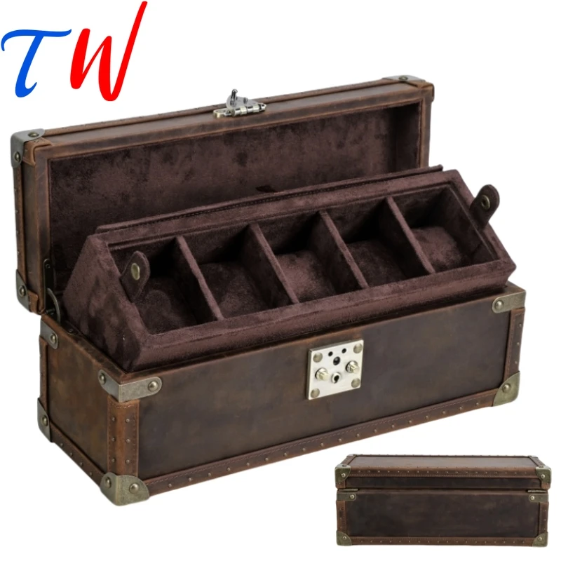 Classic Retro Rivet Watch Storage Case Box 5 Slots Watches Organizador Genuine Leather Watch Collection Case Customizable Logo