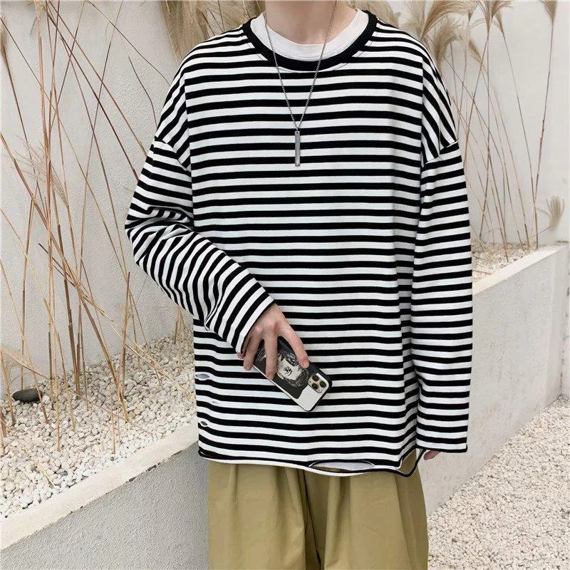 Summer Striped Print Long Sleeve Men O Neck Pullover Ripped Hole Korean Fashion Hip Hop Punk Casual Oversized Clothing Top Black