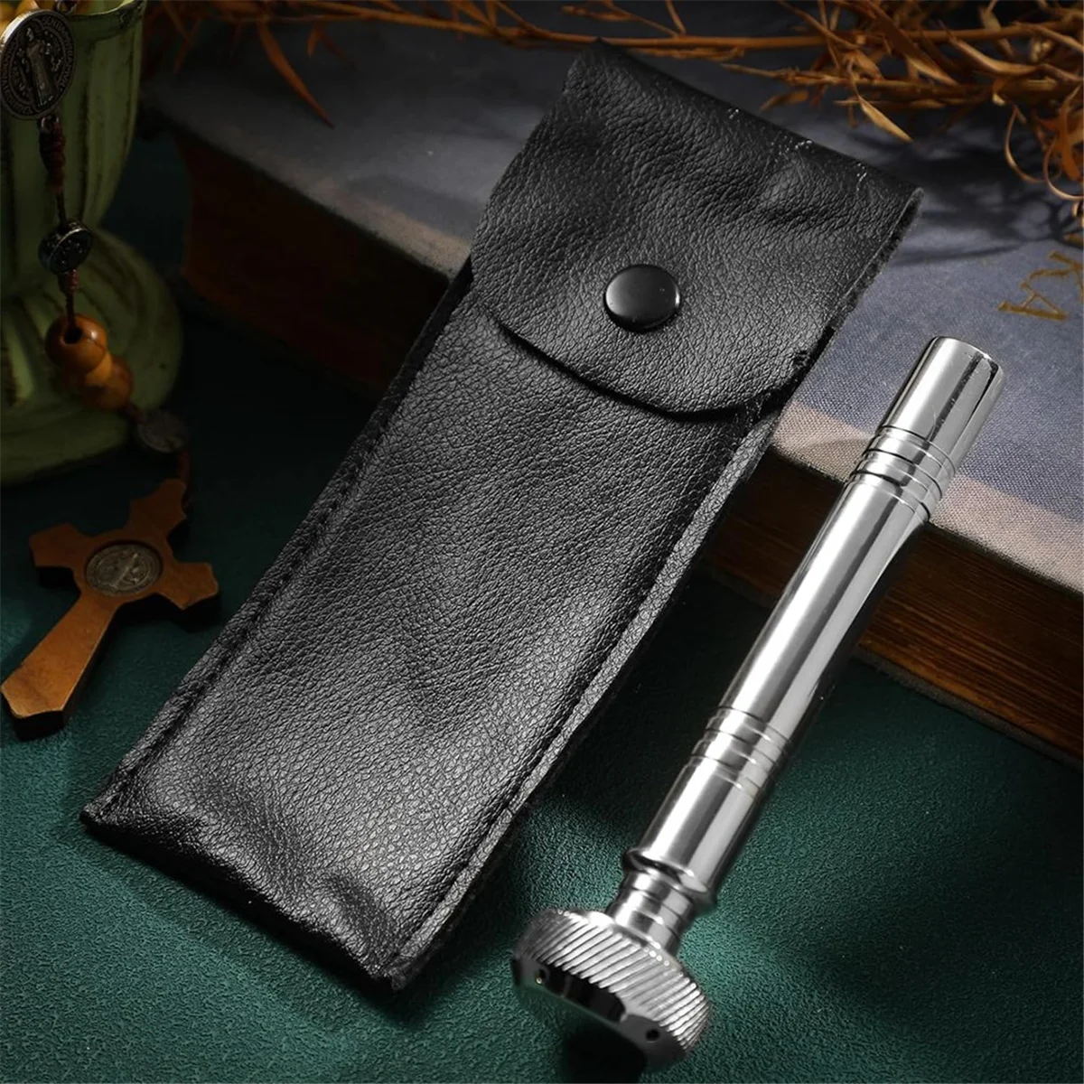 Christian Pocket Holy Water Sprinkler with Leather Carrying Case Religious Pocket Stainless Steel Holy Water Container