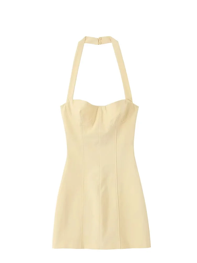 HH Abito da donna nuovo elegante senza maniche con colletto appeso al collo Abito estivo femminile sottile con cerniera posteriore Mini abito solido senza schienale