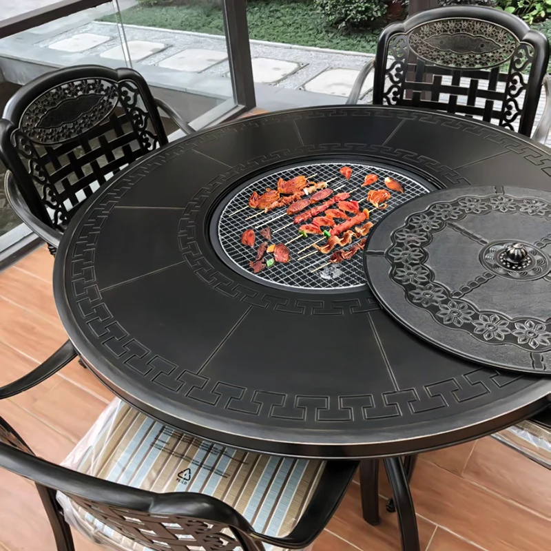 

Outdoor BBQ table and chairs Electric grill Carbon grill Courtyard combined terrace Garden European wrought iron home outdoor ca