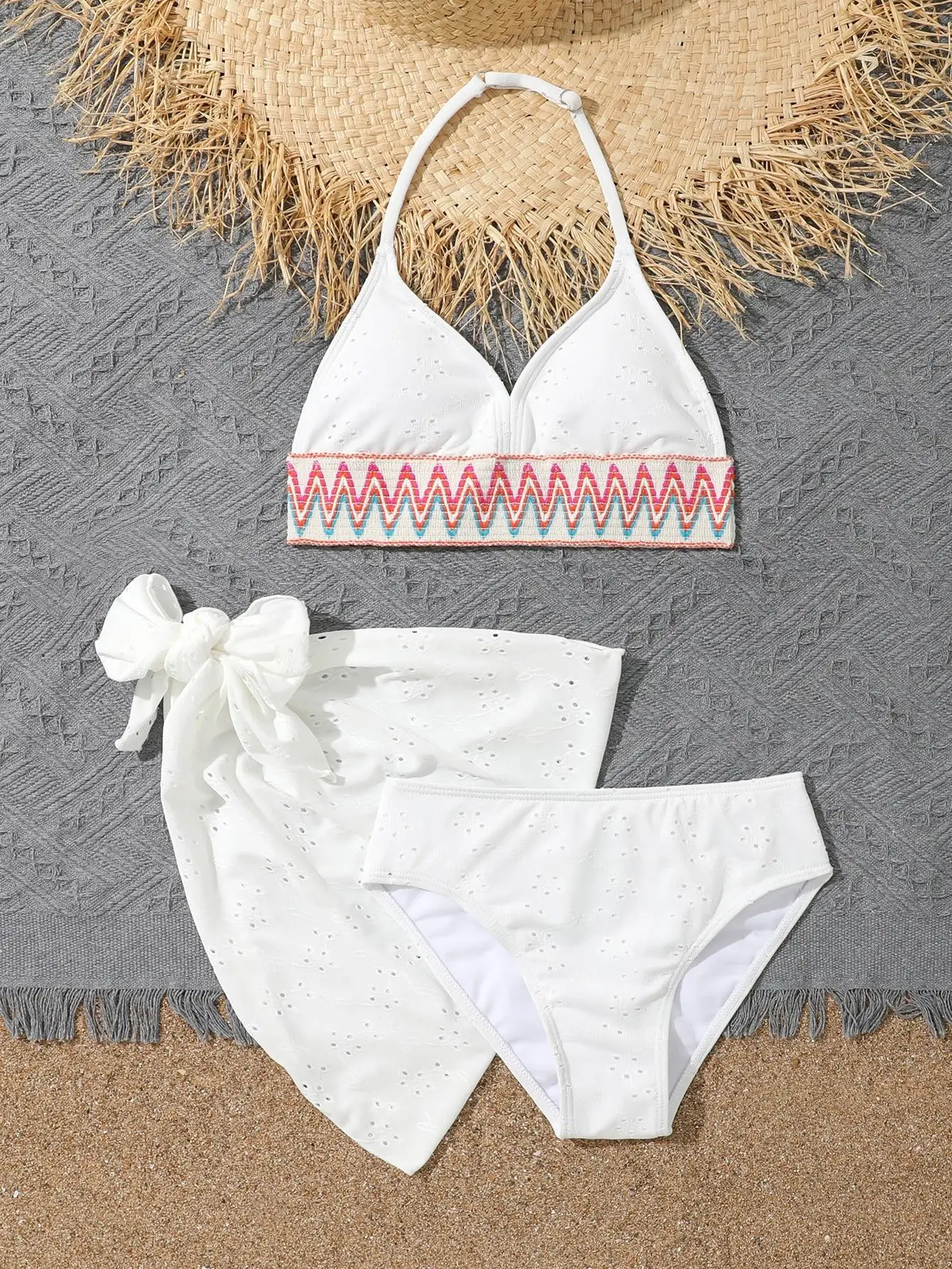 

3 Pieces White Halter Bikini 2026 Girls Swimsuit & Beach Skirt Kids Swimwear Female Bathers Bathing Swimming Swim Suit Beachwear