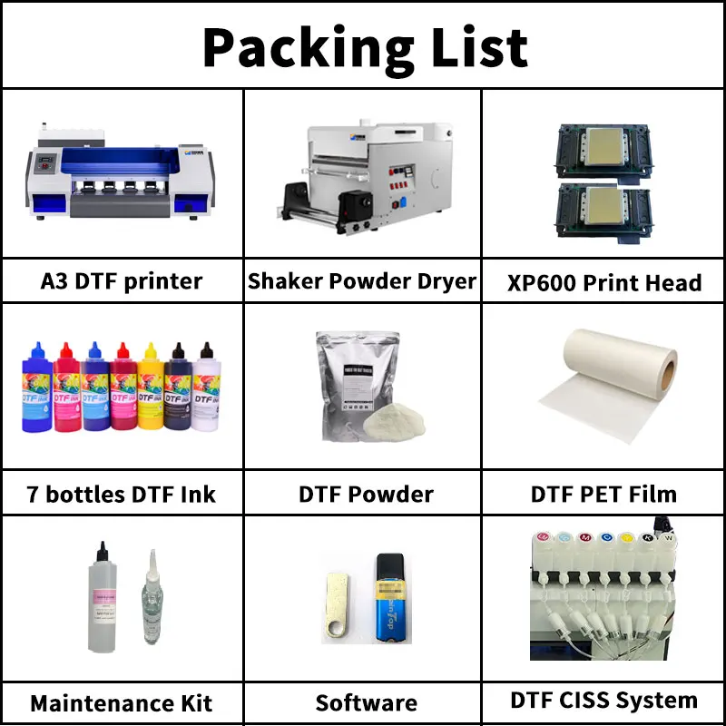 A3 DTF Printer with DTF Powder Shaker Dryer Set Dual XP600 Printhead Direct to Film Transfer Printer Machine for DIY Printing