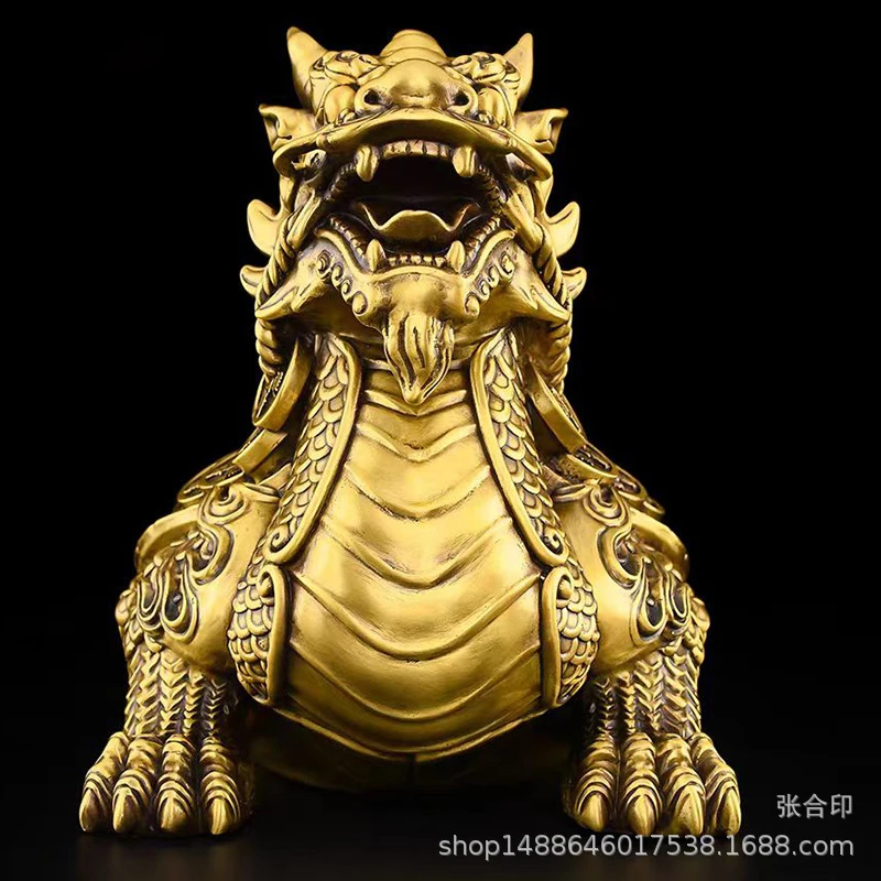 Brass Turtle Ornament With Dragon Head - Chinese Style For Living Room, Entryway, Office Desk, Shop Decoration