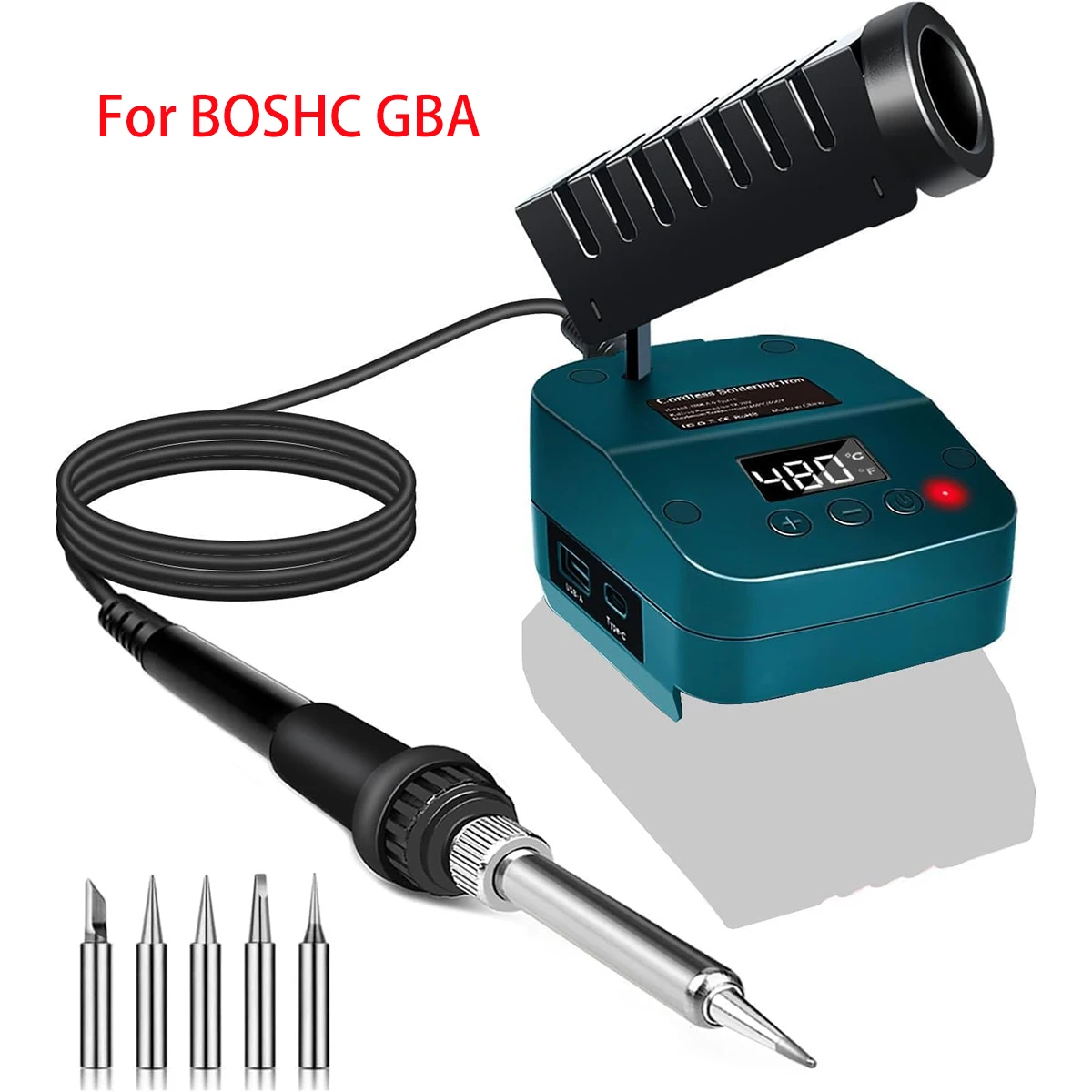 60W Cordless Soldering Station Compatible with BOSCH PBA 18V Battery, Portable Electric Soldering Iron with USB & Type C Ports